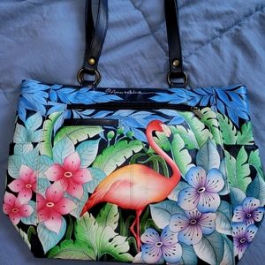 Anuschka Flamingo Handpainted Tote Bag NWOT